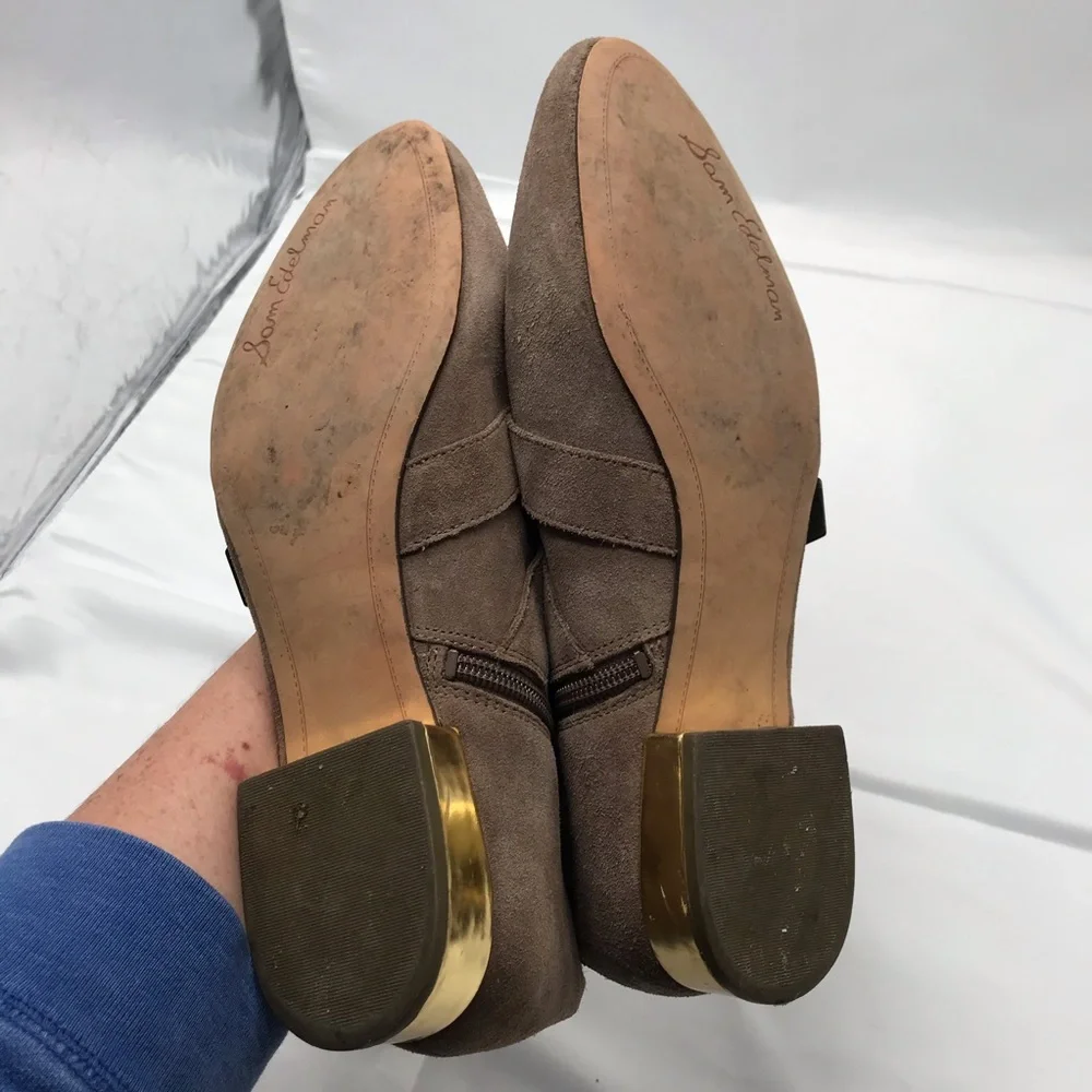 Sam Edelman Nolan tan moto style buckle ankle boots gold metal heel size 6 M